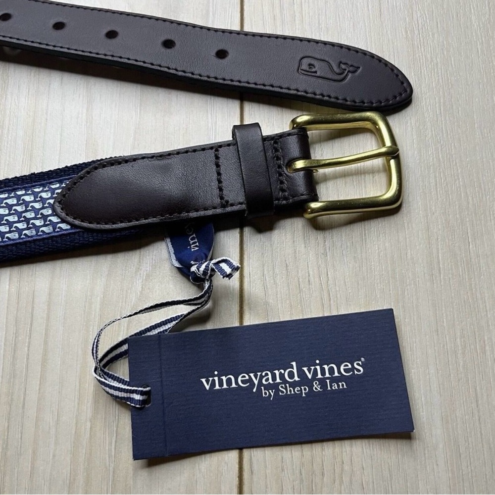Vineyard Vines Men's Black and Blue Leather Belt